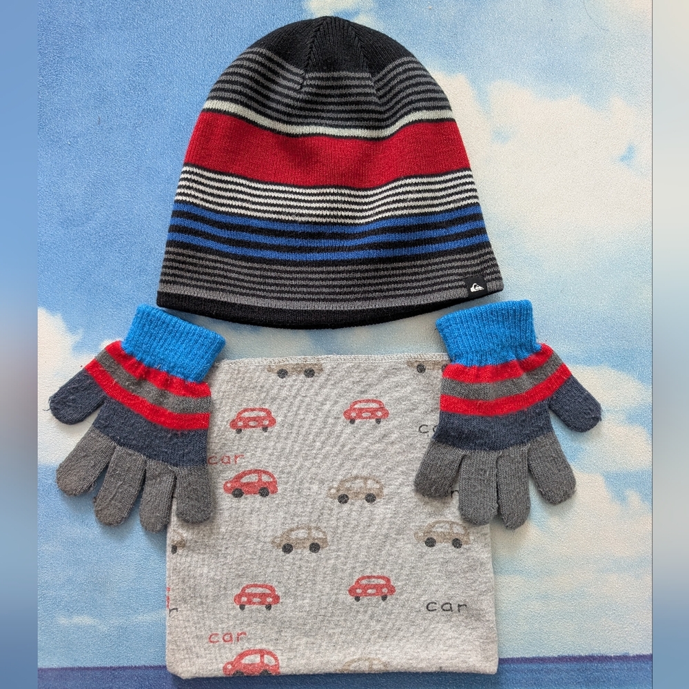 Kids 4-6Y set of cotton stripes beanie, gloves and neck warmer
